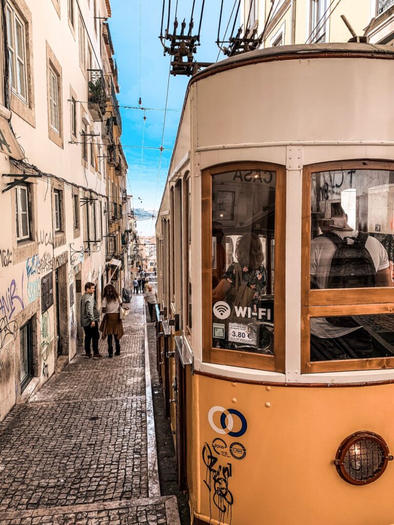 Close up of an Elevador da Bica tram car in Lisbon.