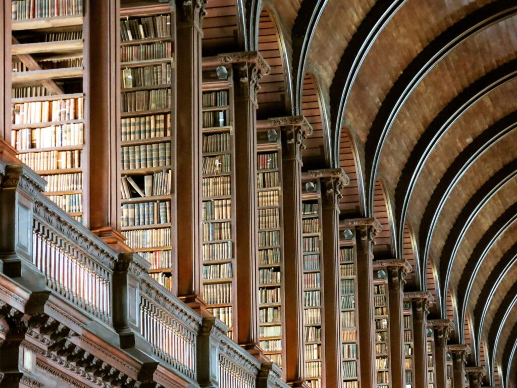 Rows of books in the Long Room at Trinity College Dublin.