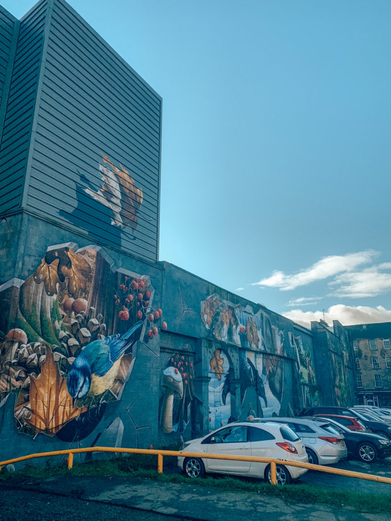 The Fellow Glasgow Residents Mural on the Glasgow Mural Trail, with many different aspects of nature peeking through the painted 'cracks' on the wall