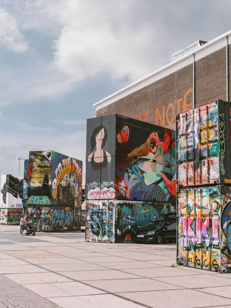 Shipping containers with graffiti at NDSM Wharf in Amsterdam.