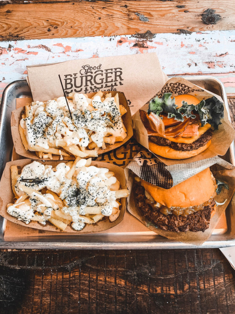 burgers and topped fries from The Good Burger in Barcelona, a cheap eat that's great if you're visiting Barcelona on a budget