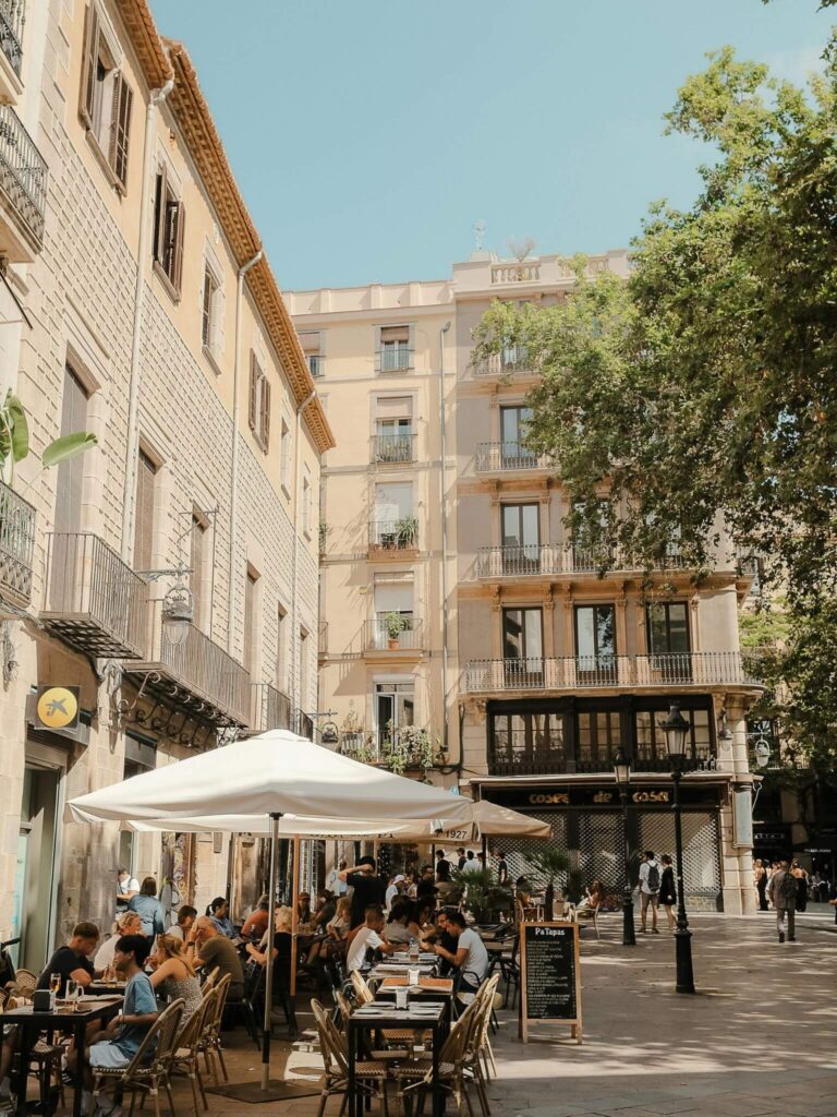 Lively plaza in Barcelona's Gothic Quarter.