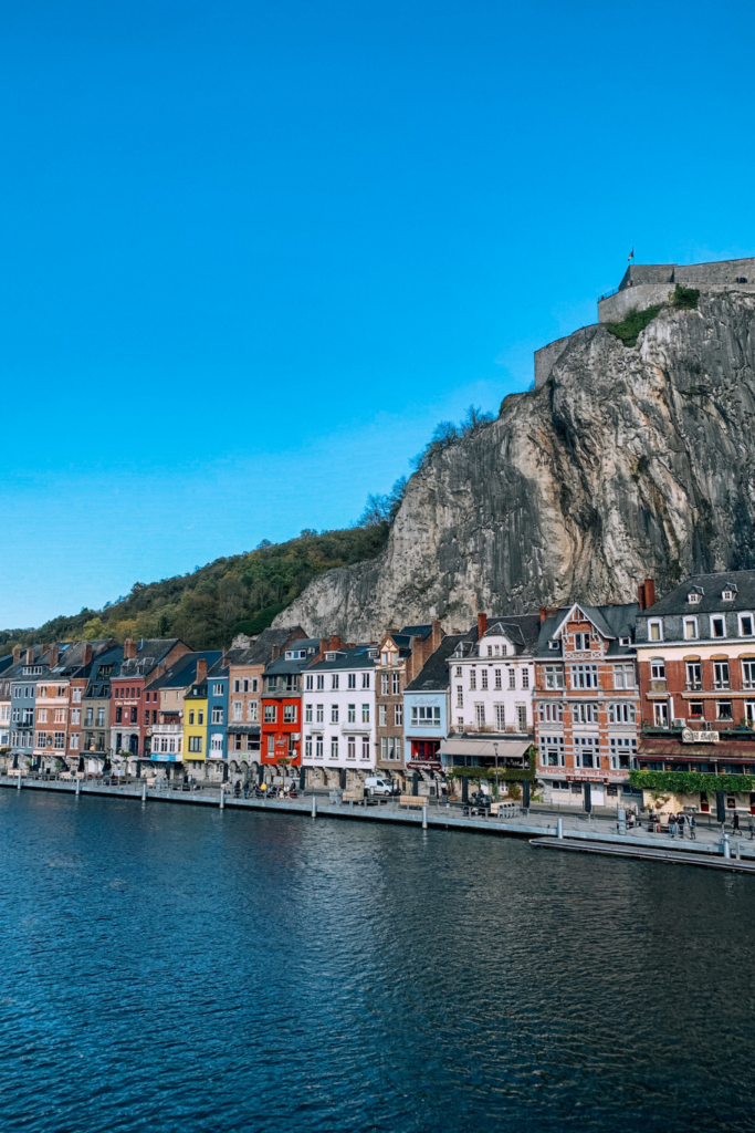 colourful houses along Dinant's riverbank, seen from the Charles de Gaulle bridge