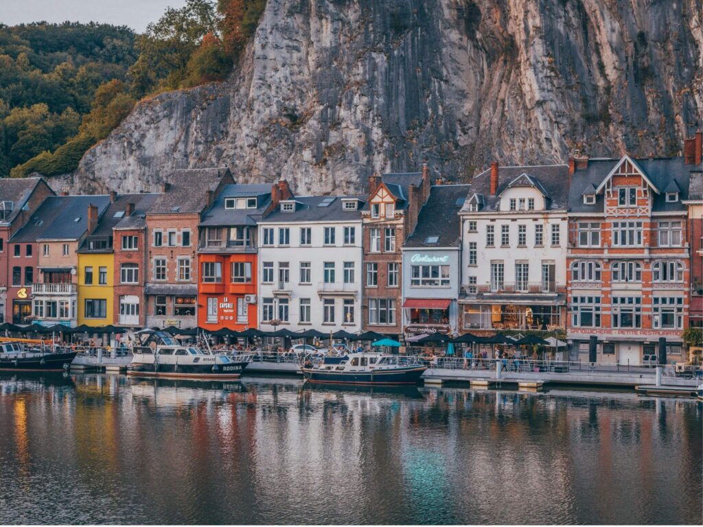 Colourful houses along the waterfront in Dinant, Belgium.