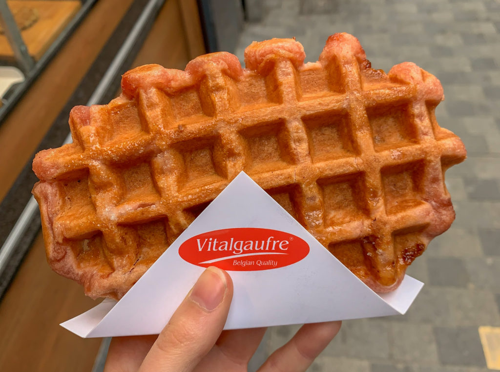 a raspberry waffle from vitalgaufre, one of the best Belgian waffles in Brussels