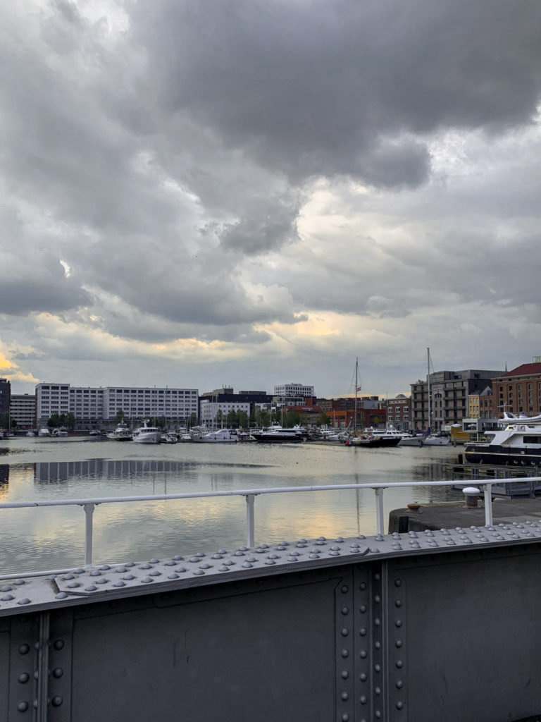 a view looking out over Antwerp's docks