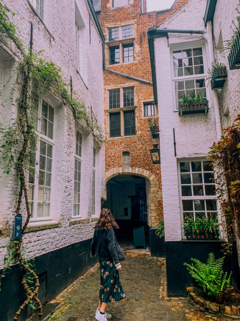 A girl stands in Vlaaikensgang, Antwerp's oldest and most beautiful alleyway, lined with cobbles, brick houses and vines