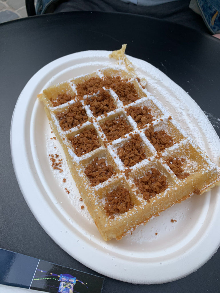 a Brussels waffle with speculoos biscuit from maison dandoy in Brussels, Belgium