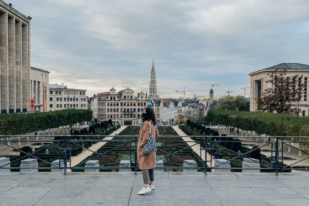 A girl stands at Mont des Arts in Brussels, Belgium