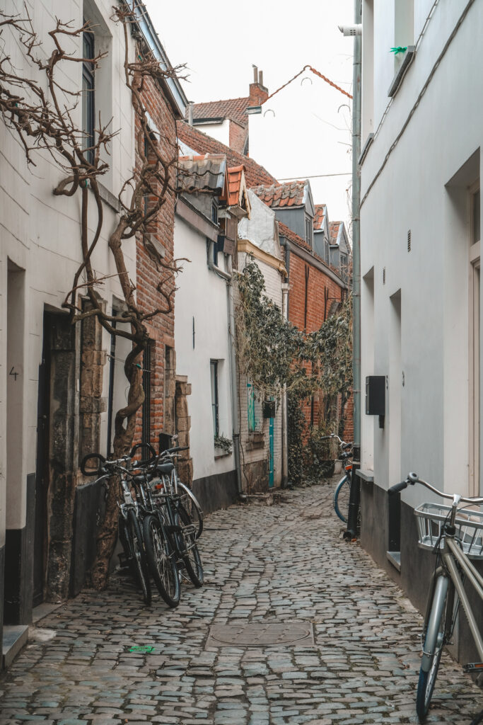 the quaint Rue de la Cigogne in Brussels, with cobbled streets and red brick buildings, is one of the most beautiful Instagram spots in Brussels