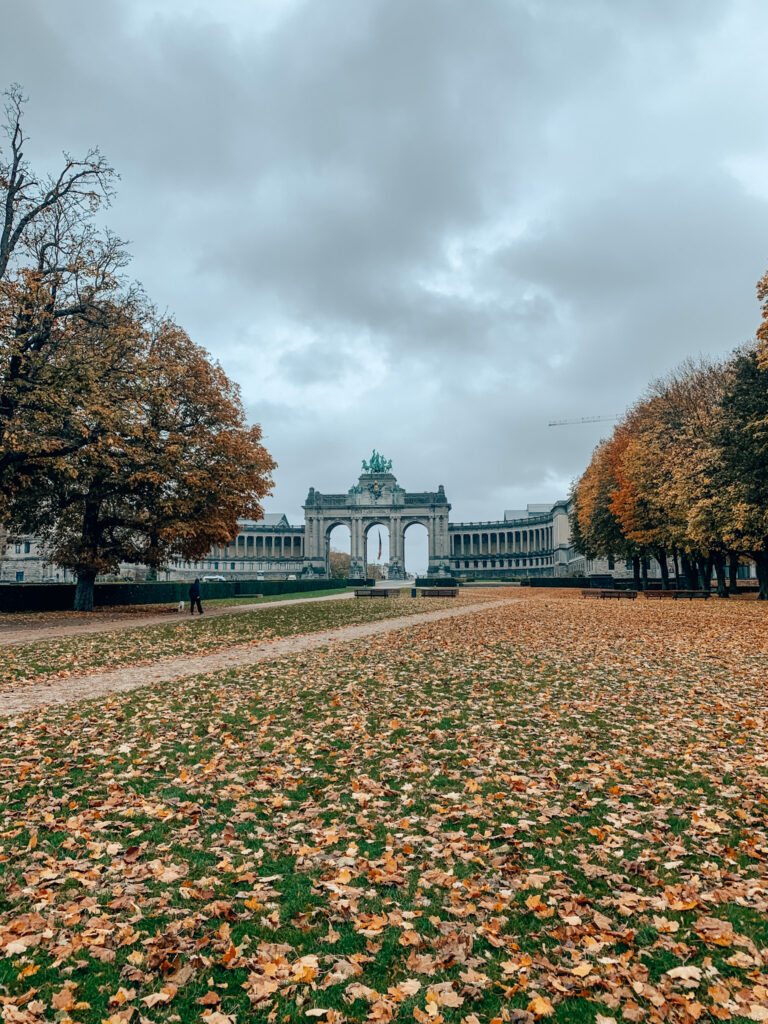 Cinquantenaire Park, with the Cinquantenaire Arch in the background, covered in orange autumn leaves