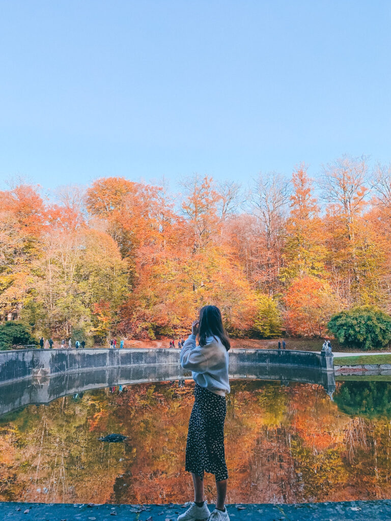 a girl stands in front of a large pond at Park van Tervuren, surrounded by autumn leaves