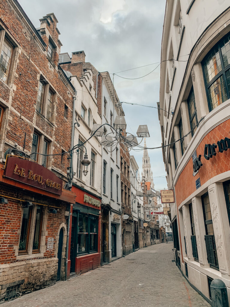 Rue des Bouchers in Brussels, Belgium, with the tower of Grand Place in the background
