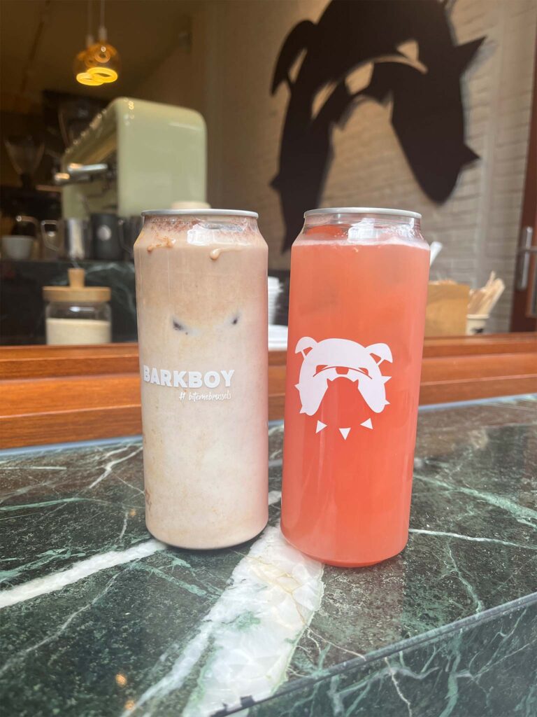 Iced chai and grapefruit juice in takeaway cups from Bark Boy in Brussels
