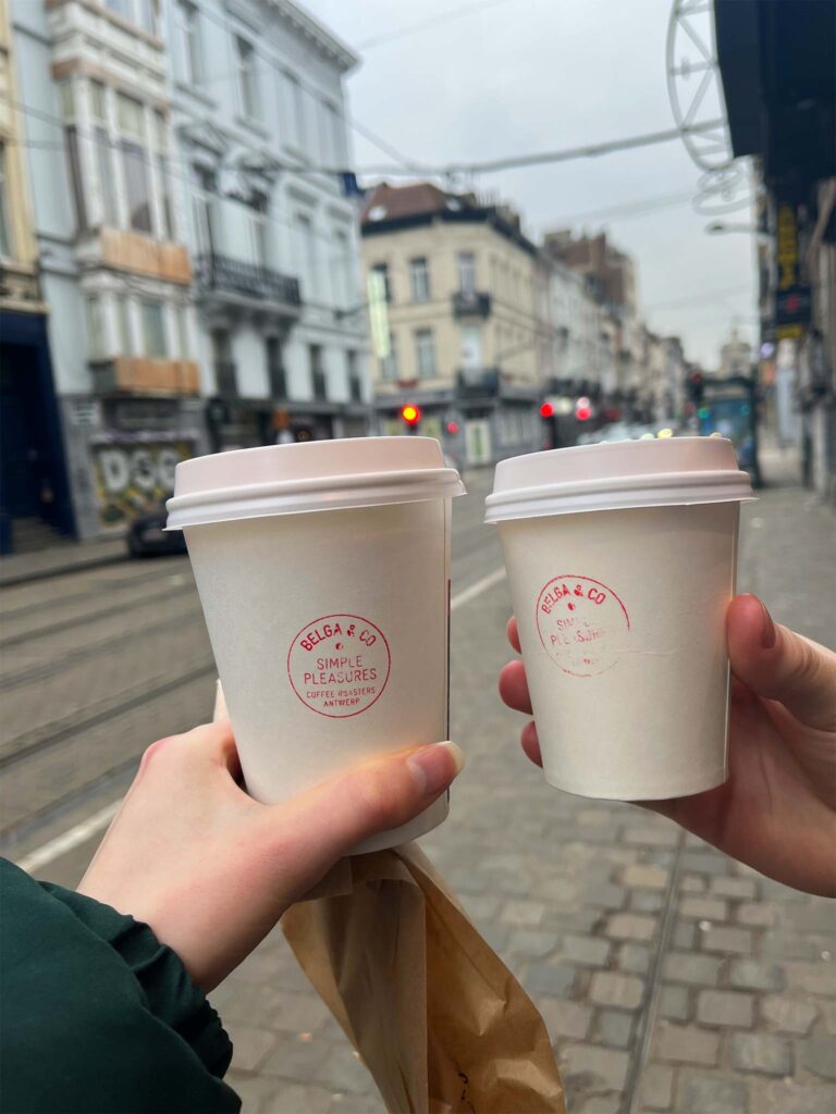 two takeaway cups of coffee from Belga & Co., one of many cafés in Brussels