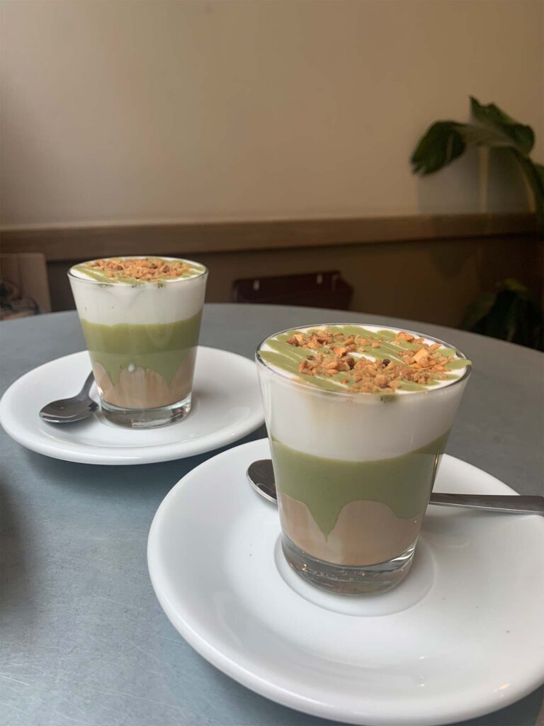 two pistachio espressos from CaffeLatte in Brussels, Belgium