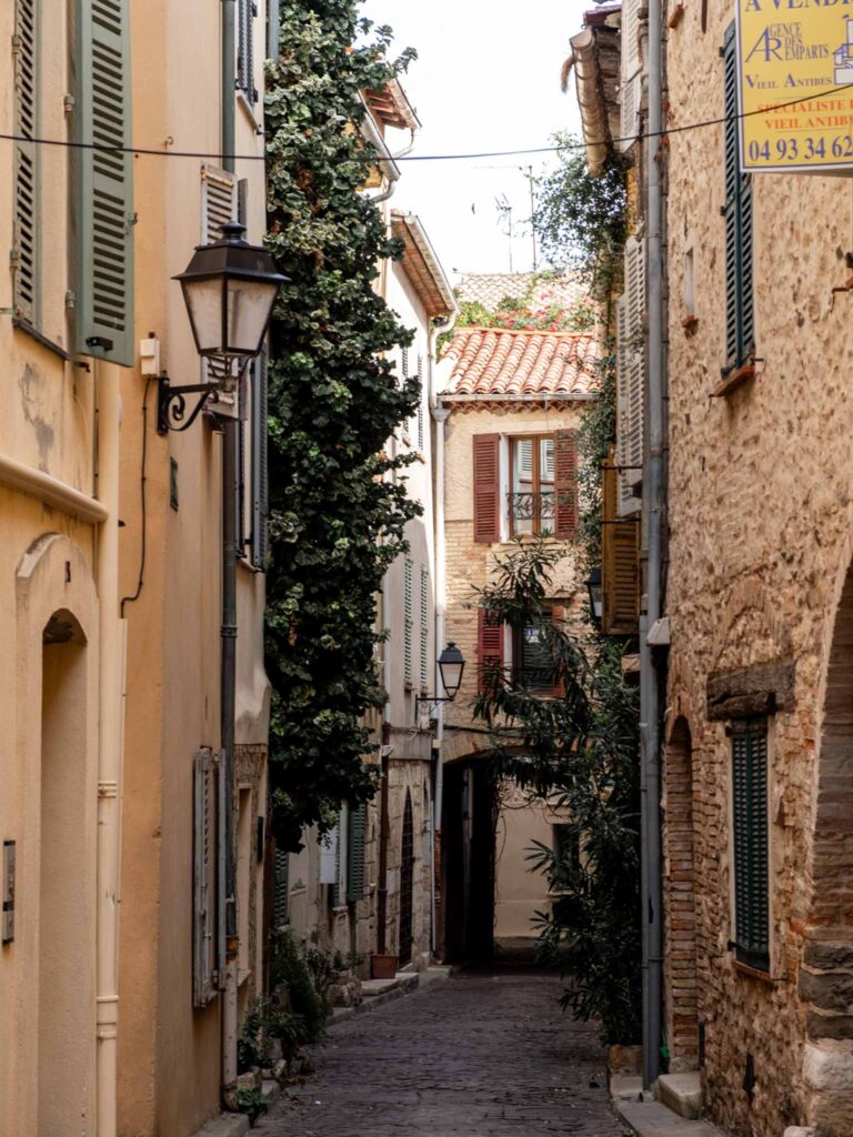 A quaint street in the old town of Antibes on the French Riviera