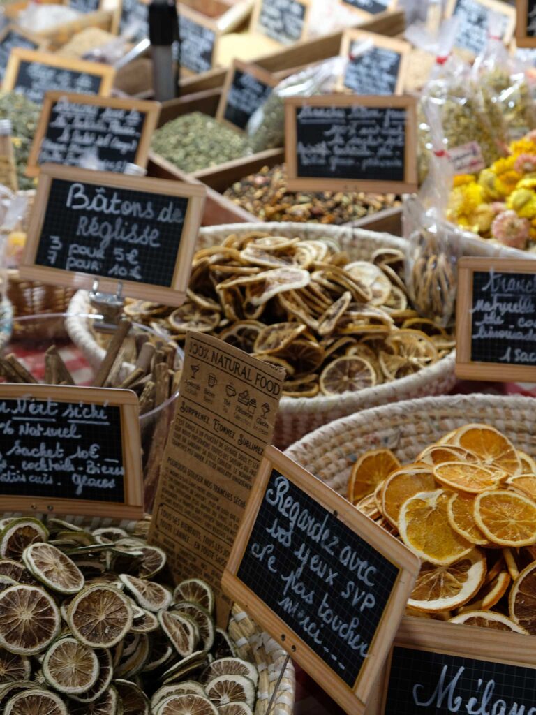 Spices and dried fruits at the Marche Provencal in Antibes