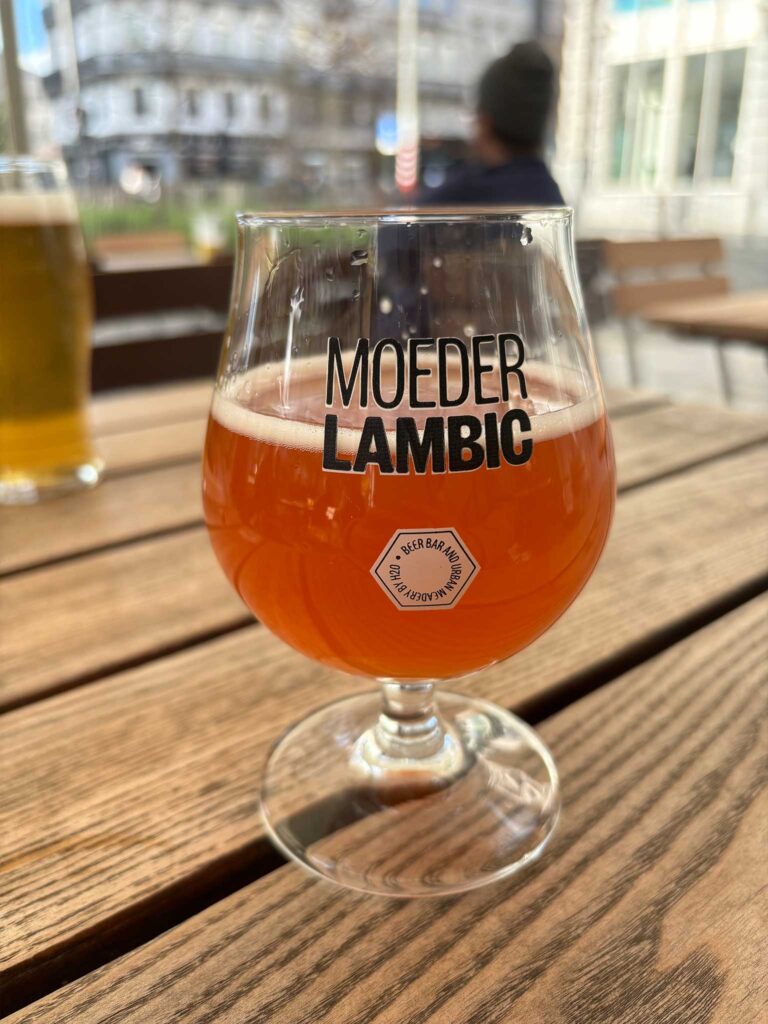 A glass of lambic at Moeder Lambic, a Brussels bar