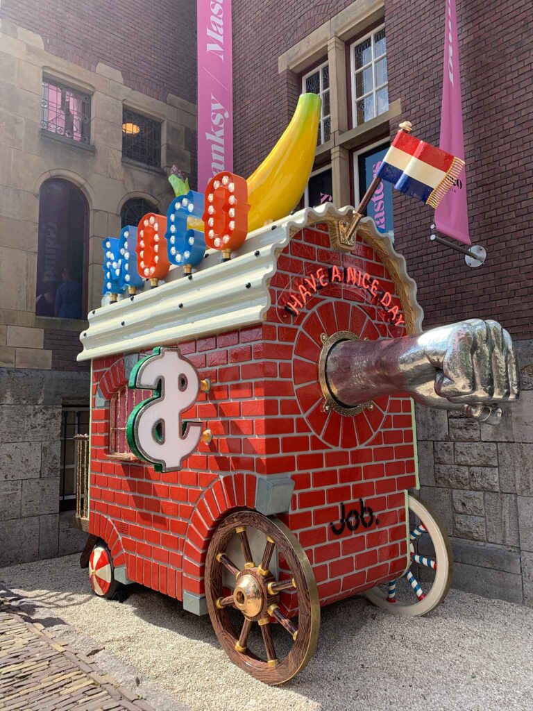 A bright sculpture outside the Moco Museum in Amsterdam's museumplein