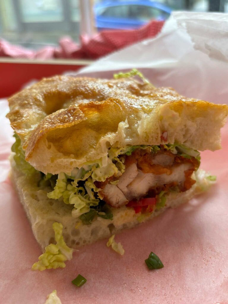 Chicken sandwich on focaccia bread from Albys in Edinburgh