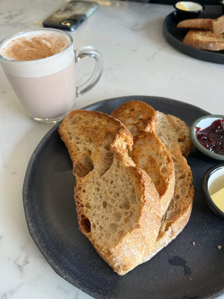 Sourdough toast and a chai latte from Cowan & Sons, an Edinburgh brunch café.