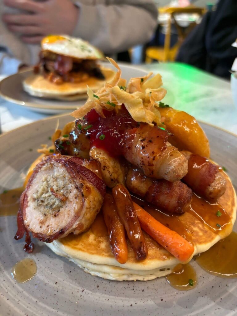 Christmas dinner loaded pancake stack from Stack & Still.