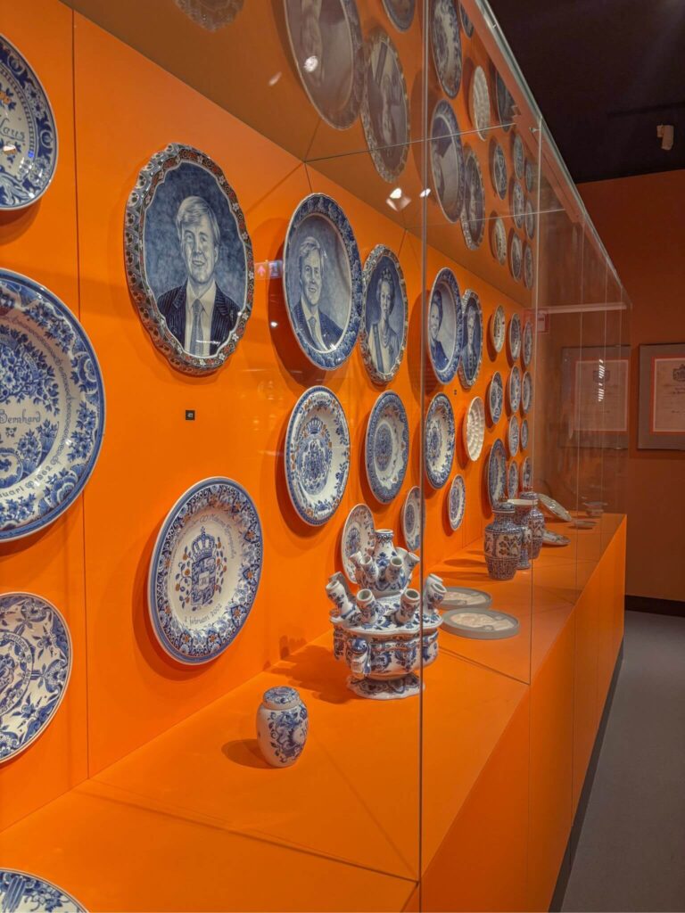Delft Blue pottery display at the Royal Delft museum