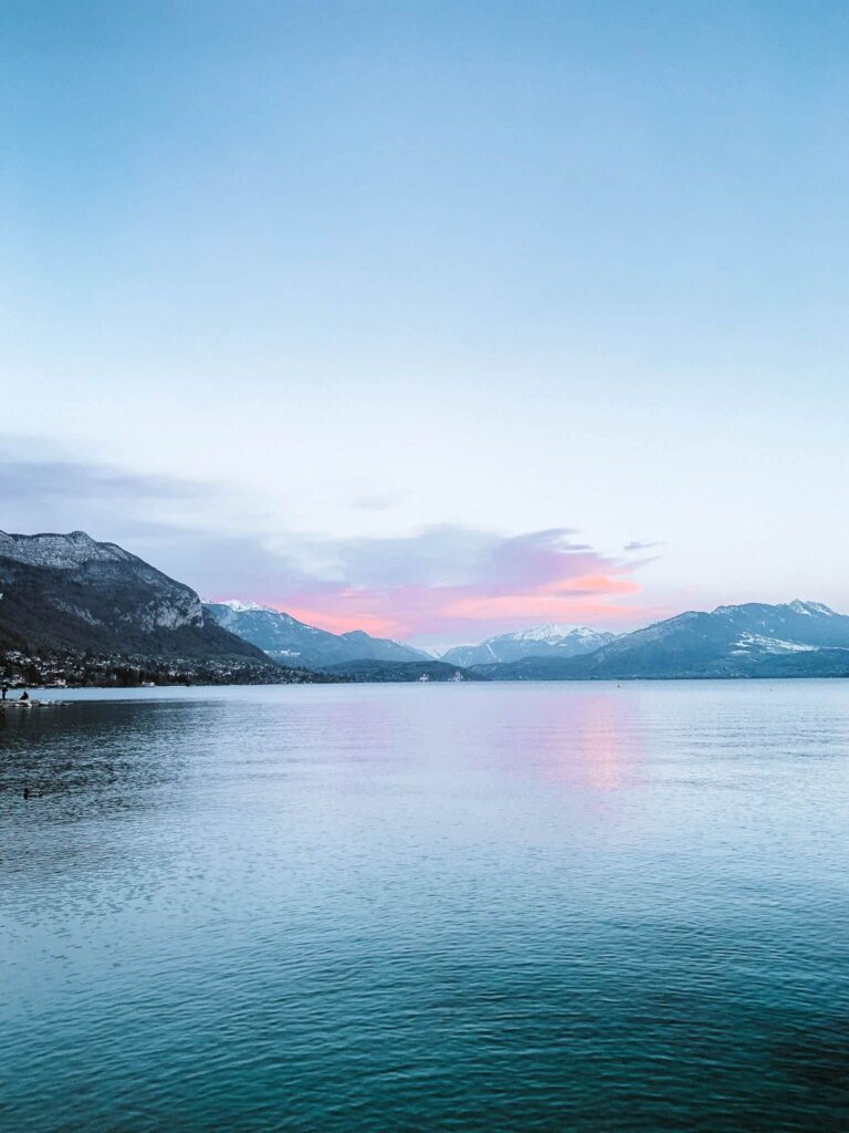 Sunset over Lake Annecy from Plage d’Albigny.