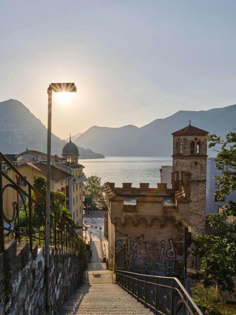 Sunrise over a street in Lugano.